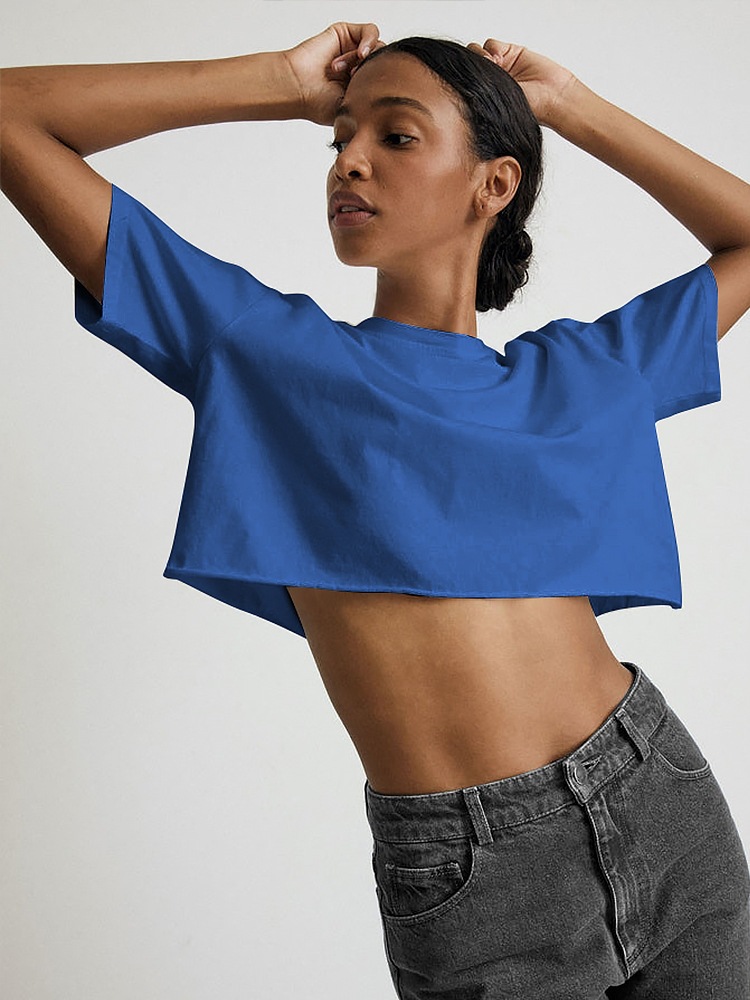 Short Sleeve T-Shirt Women's Summer New Cotton Solid Color Short Exposed Neck Round Neck Sports Style T-Shirt Tops