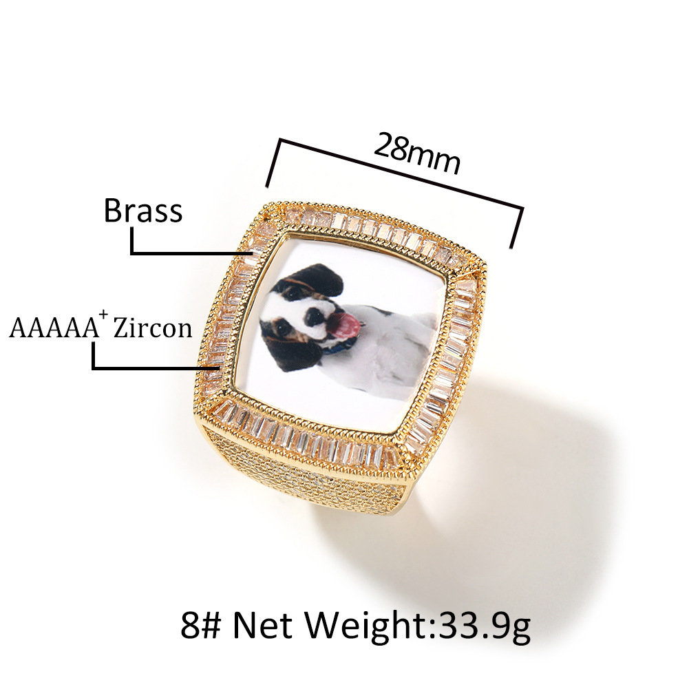 Hip Hop DIY Custom Photo Ring 18K Real Gold Plated T Zircon Women Mens Jewelry