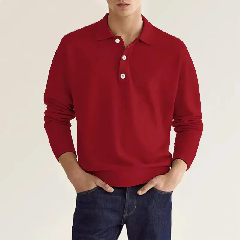 Summer solid color breathable casual Mens Polo shirt long sleeve loose business T-shirt Mens Fashion clothing 240824