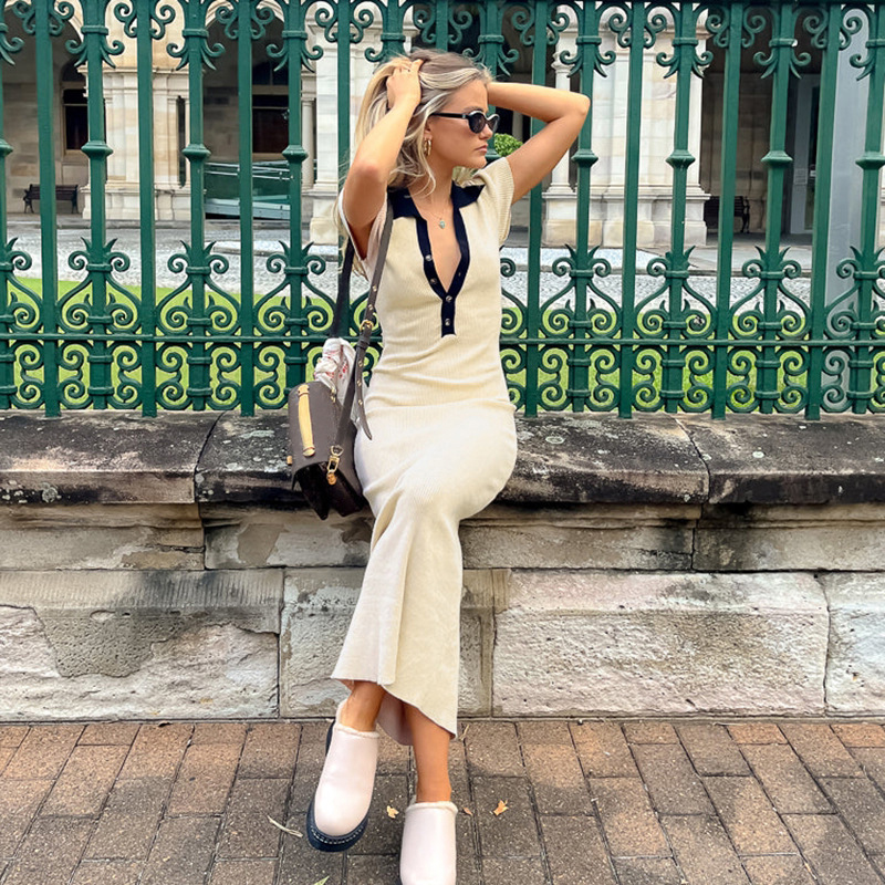 Designer dresses V-neck Solid Color Elegant Fashion Long Y2K Vintage Knit Dresses Women's Summer Casual Long Dresses