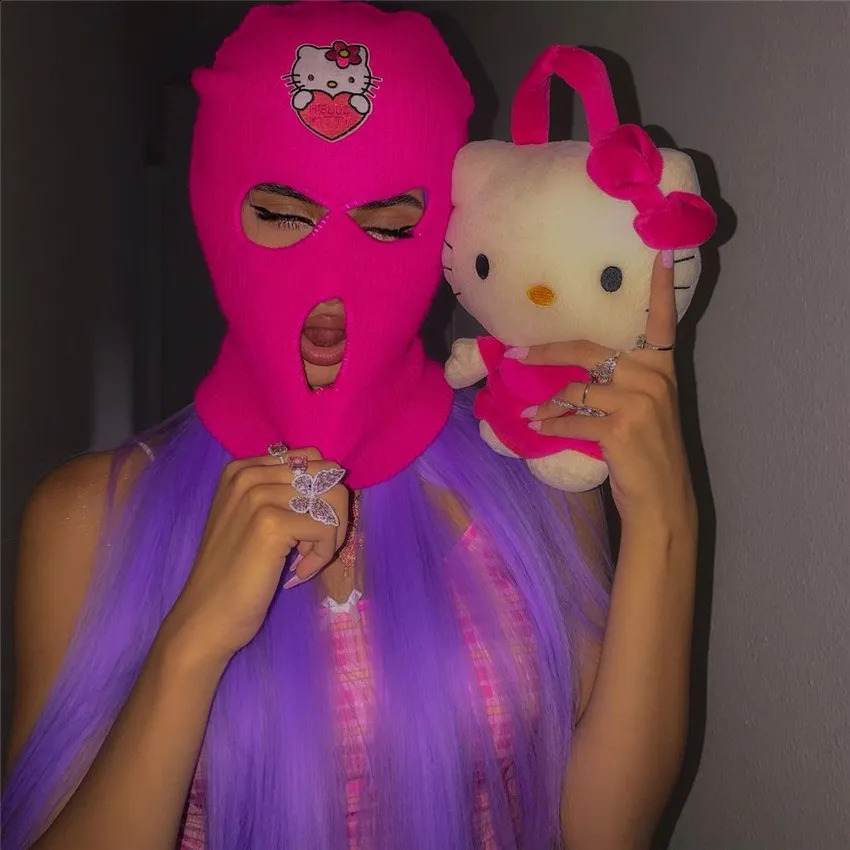 3 Holes Winter Balaclava Ski Mask Harajuku Y2k Pink Bunny Cat Hat Kawaii Full Face Mask Knitted Ski Snowboard Cap Hip Hop Beanie 240719