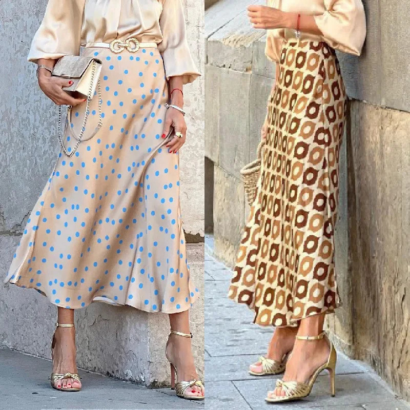 Womens Long Satin Skirt Midi Elegant High Waist Polka Dot Autumn Office A-line Vintage Silk Printed Skirt Female Skirt 240724