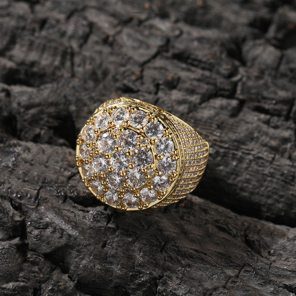 Hip Hop 5A Zircon Round Flower Rings 18K Real Gold Plated TopBling Mens Jewelry