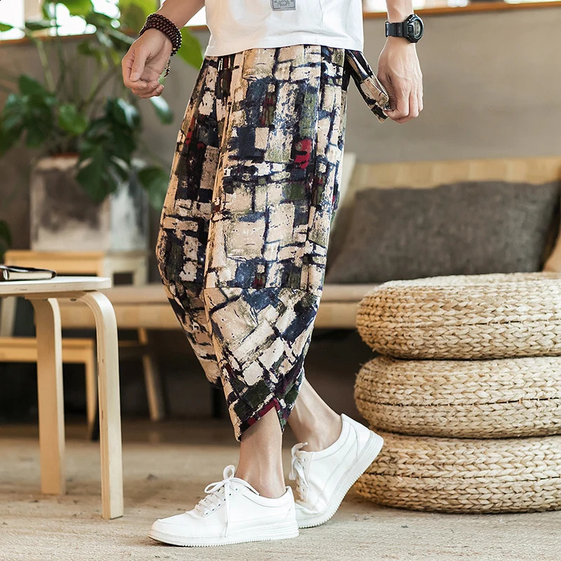 Harajuku summer loose calf length casual mens wide leg cotton linen printed pocket pants oversized mens pants 240828