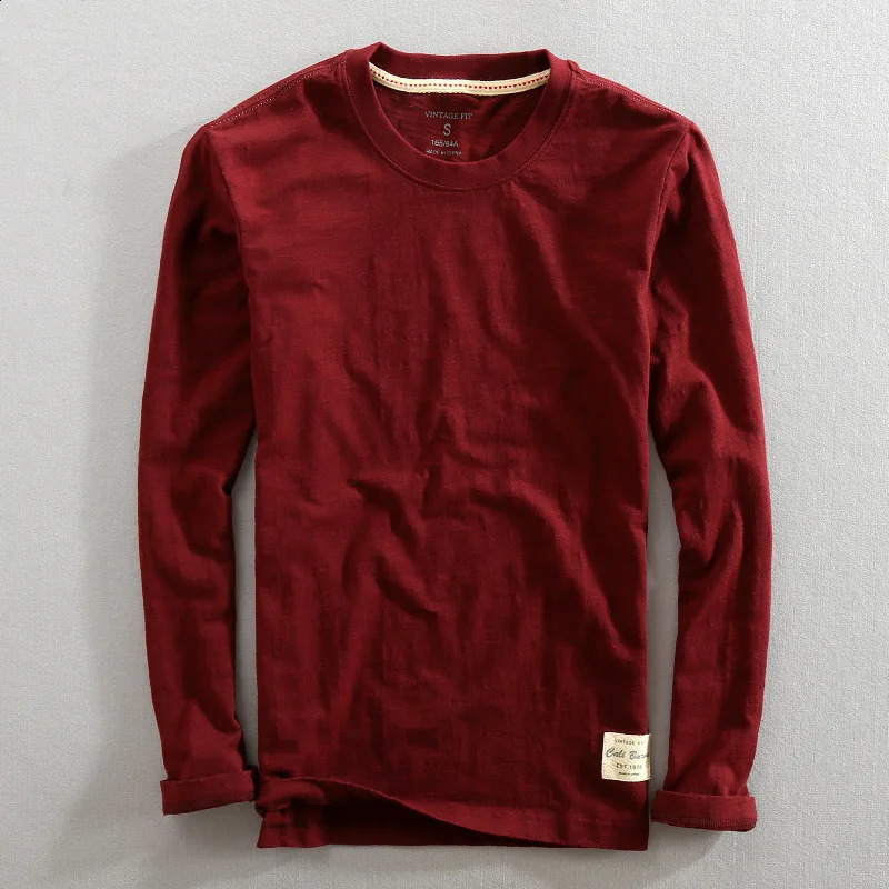 Mens Vintage Solid Bamboo Cotton Long Sleeve T-Shirt Male Tops O-Neck Casual Thin Tees Slub T Shirts 240812