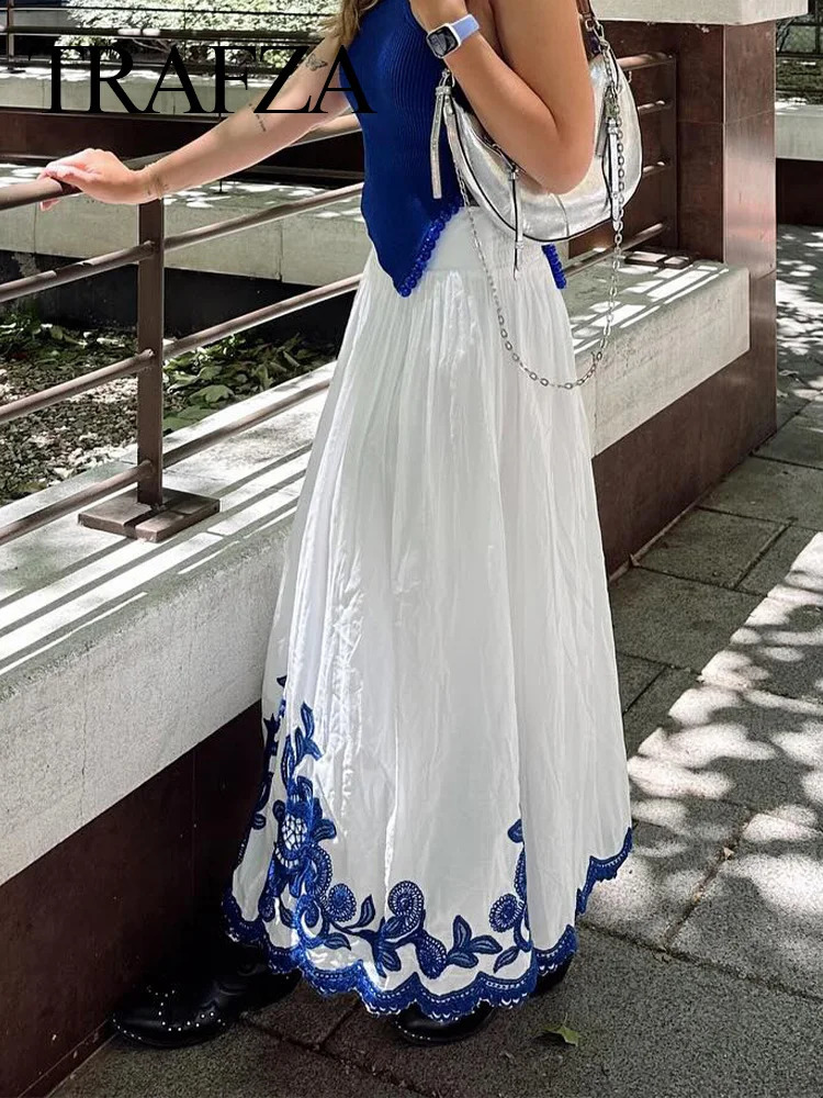 TRAFZA Elegant Women White Blue Embroidery High Waist Midi Skirt Loose Fit Woman Elastic Waist A Line Long Skirts For Holiday 240724