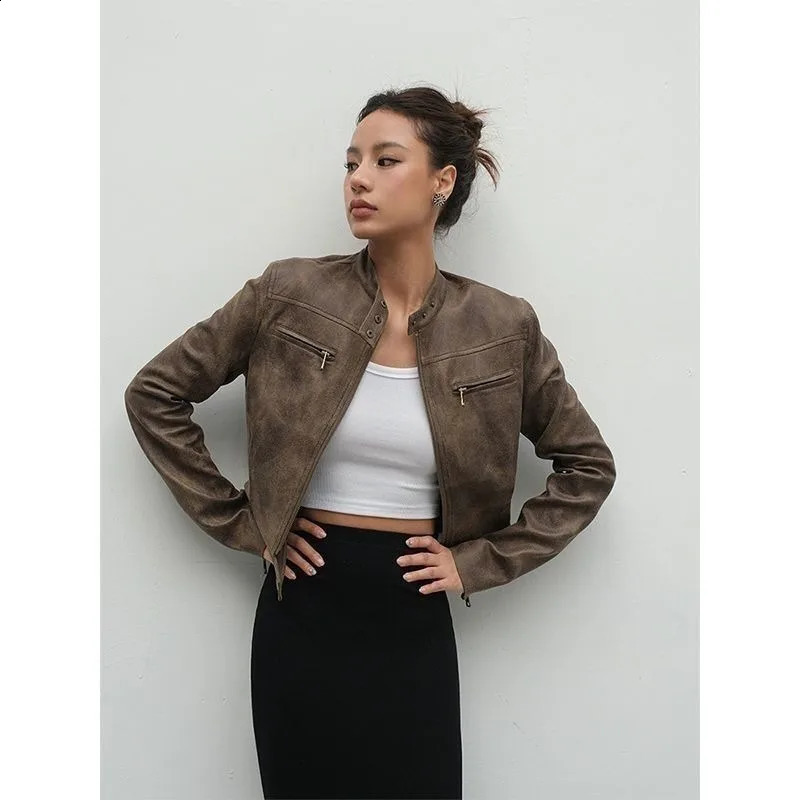 American retro brown suede leather jacket for womens spicy girl stand up collar motorcycle cool ultra-thin short spring fashion womens jacket 240824