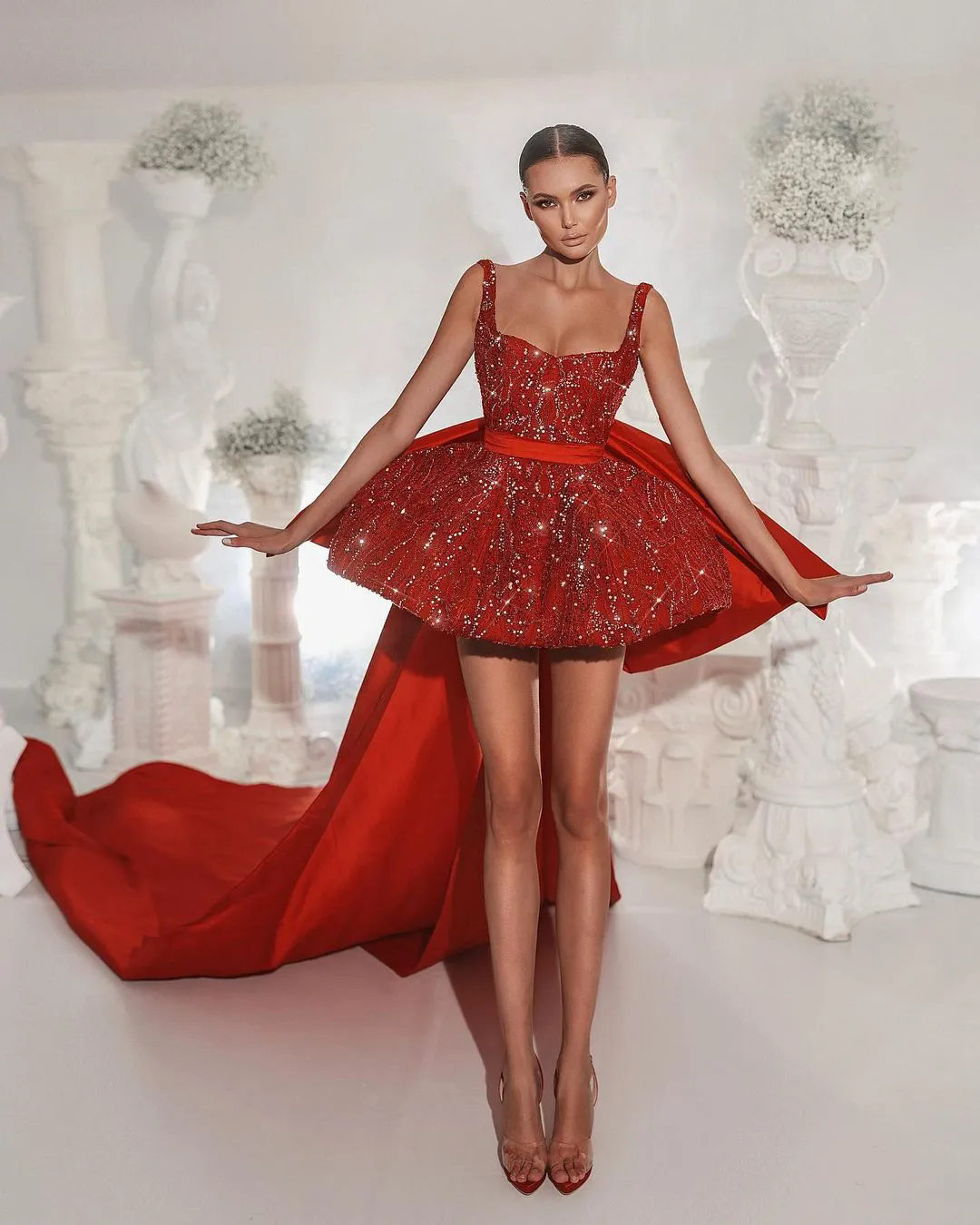 Sexy Red Sequins Short Prom Party Dresses 2025 Sweetheart Neck Backless Hi Low tail Club Evening Ocn Gowns
