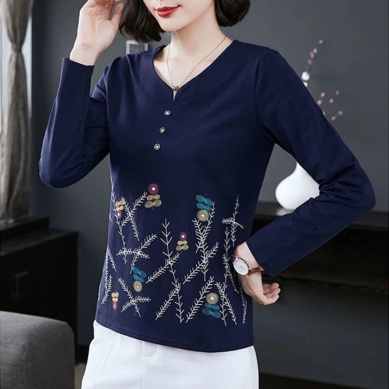 Womens Clothing Spring Autumn Plant Flowers Printing Pullover Geometric Round Neck Long Sleeve T-shirt Flattering Korean Tops 240806