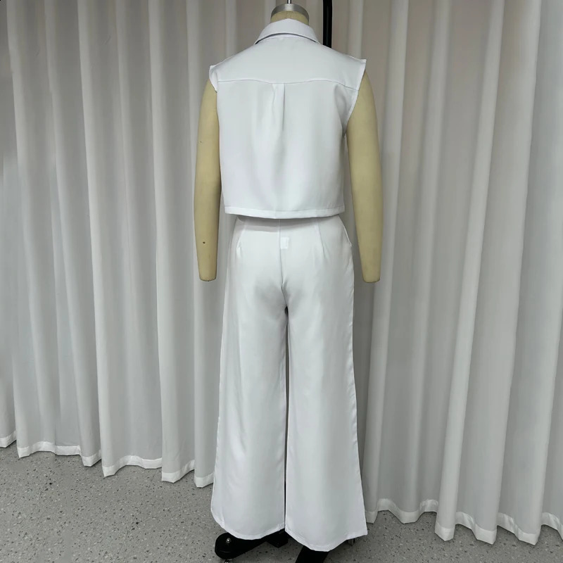Wefads Women Two Piece Set Office Fashion Laple Contrast Button Sleeveless Vest Jacket Slim Top Loose With Pockets Pants Sets 240813