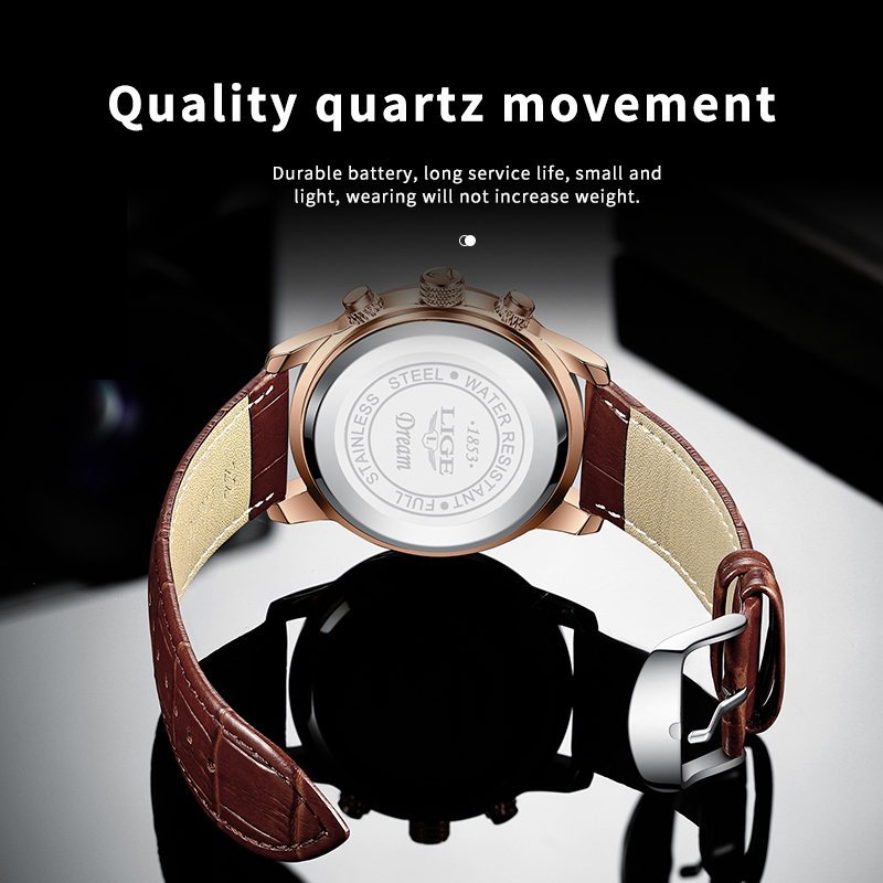 LIGE Men's Quartz Watch 24-hour Moon Phase Calendar Multi-Function Six-pin Watch Classic Business Watch Leather Watch Life Waterproof Watch