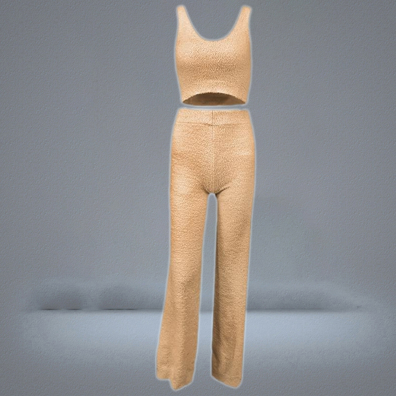 Women039s Tracksuits Women Sexy 2 Piece Fuzzy Plush Outfits VNeck Backless Crop Top Long Pants Winter Sweater Solid Color Paja