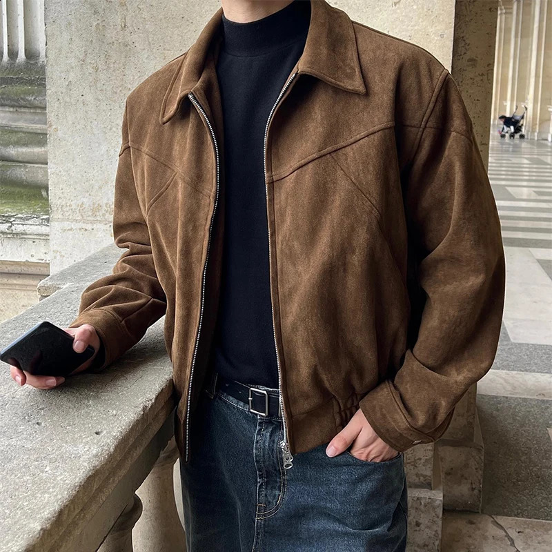 Mens Bomber Jacket Turndown Collar Spring Retro Patchwork Zipper Pocket Short Coats Overcoat Streetwear Male Leather Jackets 240715