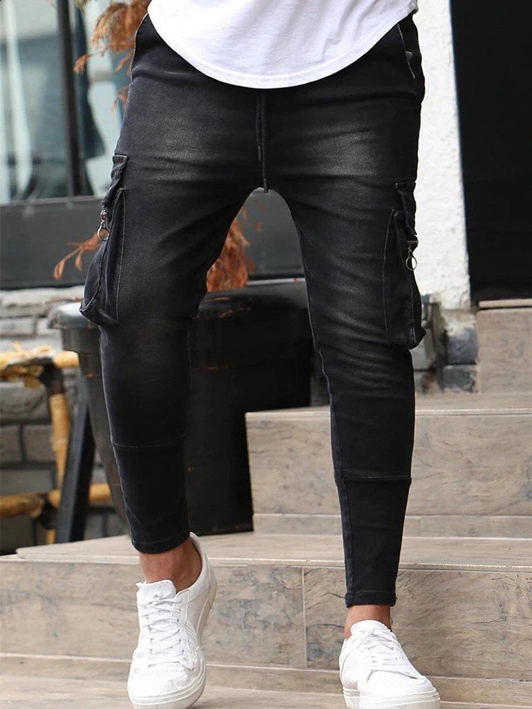 Mens Slim Fit Stretch Jeans Casual Fashion Multi Pocket Cargo Denim Pants High Street Mens Jeans Work Hip Hop Trousers 240725