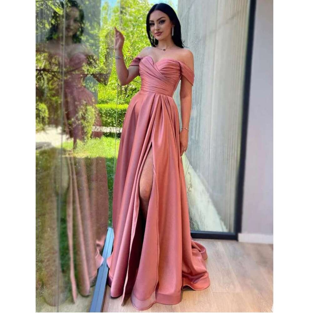 Satin Off the Shoulder Bridesmaid Dresses Sweetheart A-e Pleat High Split tail Dress Elegant Backless Simple Evening Gown