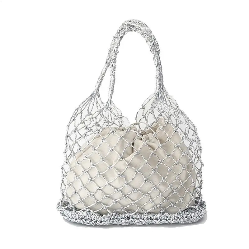 Gold silver 2 color bright paper ropes hollow woven handbag cotton lining straw bag female Reticulate handbag netted beach bag 240724