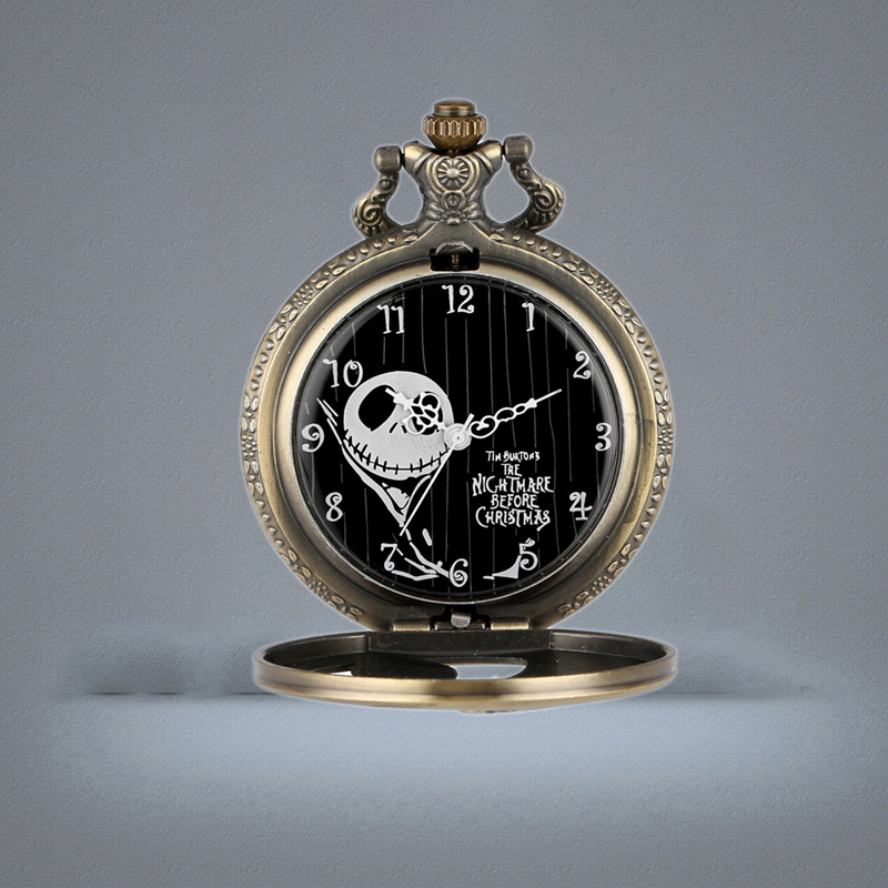 Vine Antique Watch Hollow Case the Nightmare Before Christmas Unisex Quartz Analog Pocket Watches Skull Accessory Necklace Chai