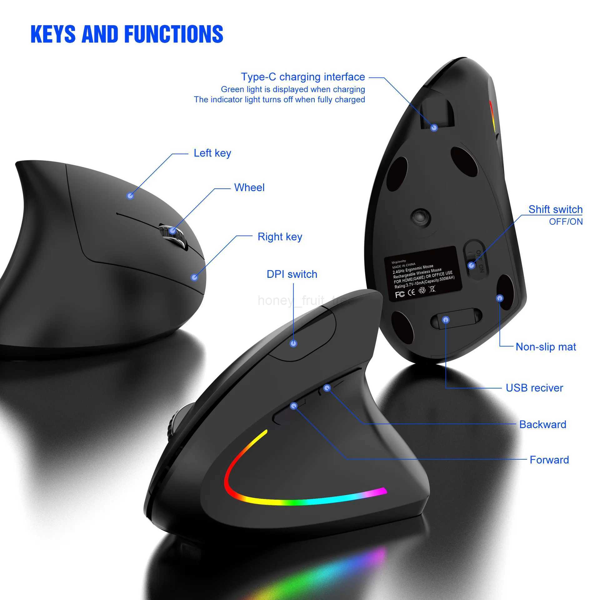 2.4ghz Wireless Bluetooth Vertical Mouse Ergonomic Desigh Type-C Port For Windows Mac Laptop Gamer Mouse Office AccessoriesM240725