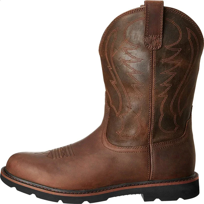 Men Western Boots Mid Calf Boots Embroidery Knight Boots Anti-slip Vintage Cowboy Boots Outdoors Leather Shoes Large Size 48 240719