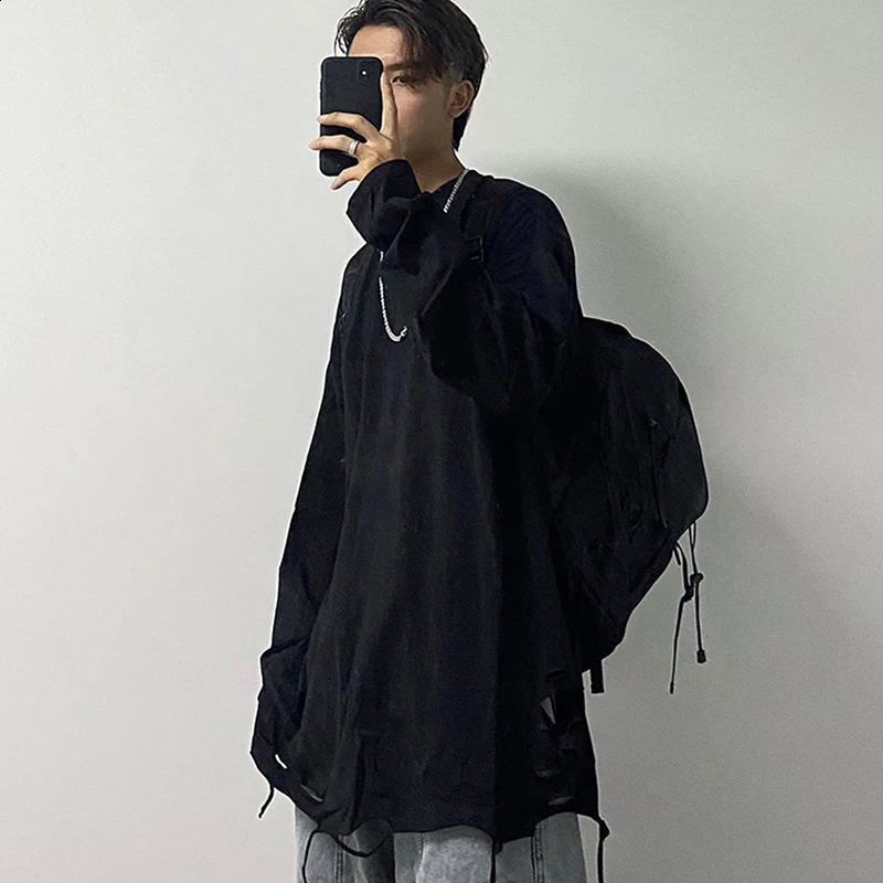 Hem Ripped Hole Long Sleeve Men Tshirt White Black Fashion Autumn Clothes Hip Hop 2xl 3xl Oversized Punk Vintage Streetwear Tops 240812