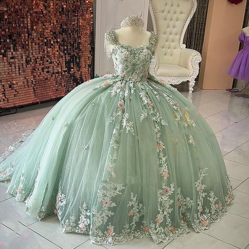 Princess Ball Gown Quinceanera Dresses With Colorful 3D Floral Appliques Beaded Straps Long Tulle Prom Birthday Formal Party Gowns For Teens Girls Ves