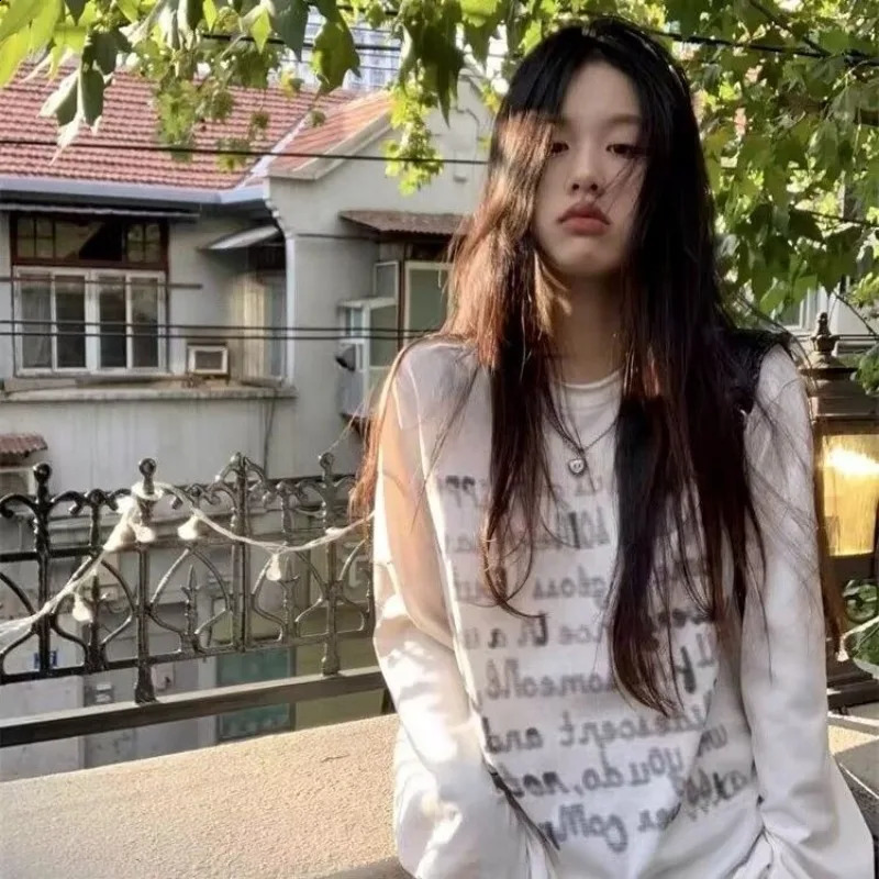 Cotton Y2K top retro spring summer Korean fashion streetwear letter printed loose thin white long sleeved T-shirt for women 240826