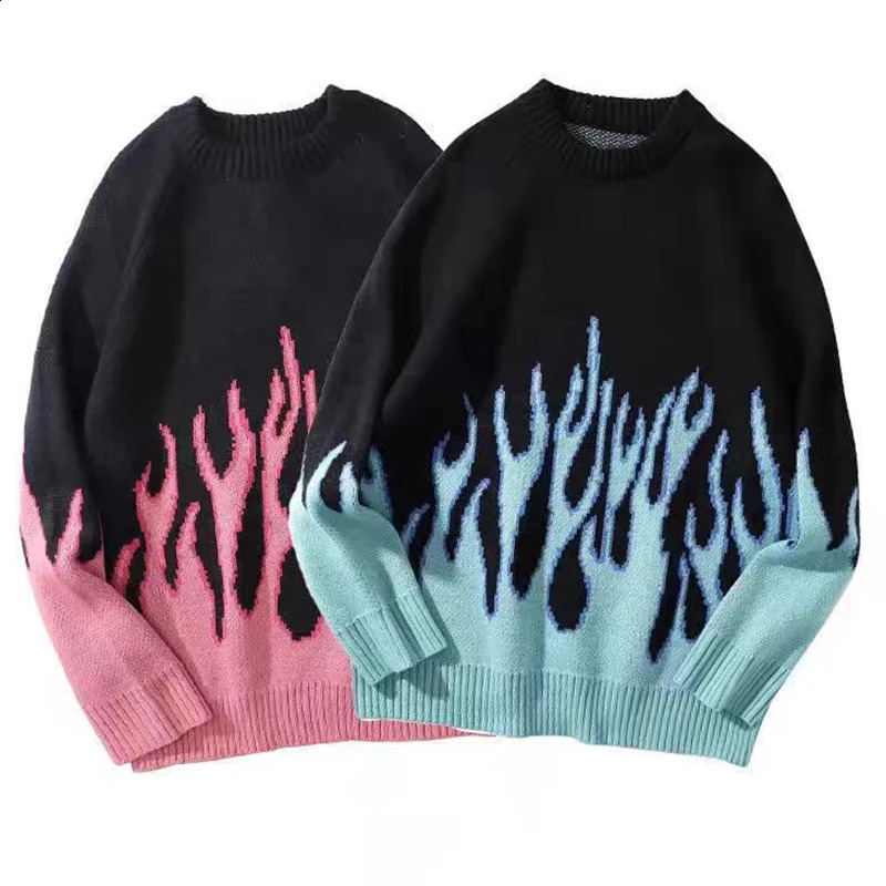 Gradual Flame Sweater Men Pullovers Autumn Winter Knit Korean Loose Oversized Sweater Hip Hop Streetwear Vintage Knitwear 240821