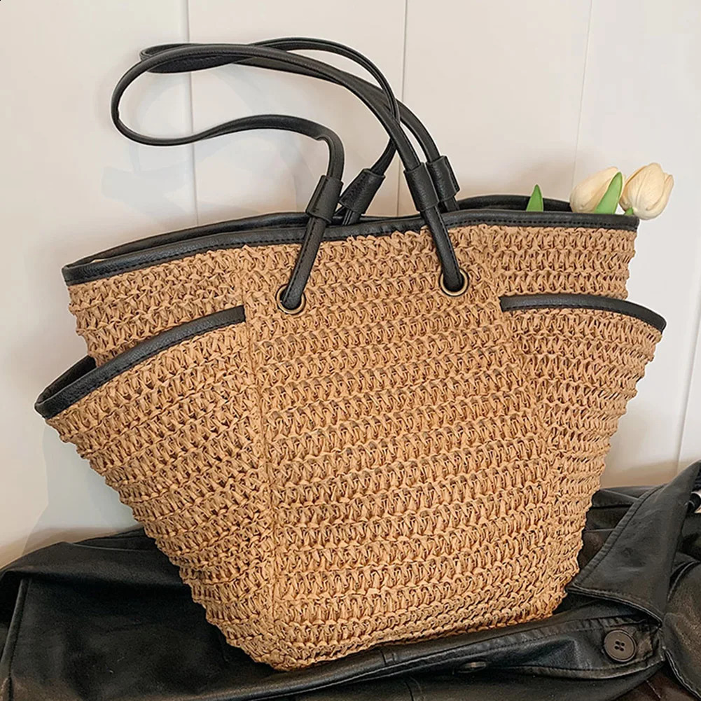 Large grass beach bag womens summer handbag with multiple pockets shopping y casual shoulder 240913
