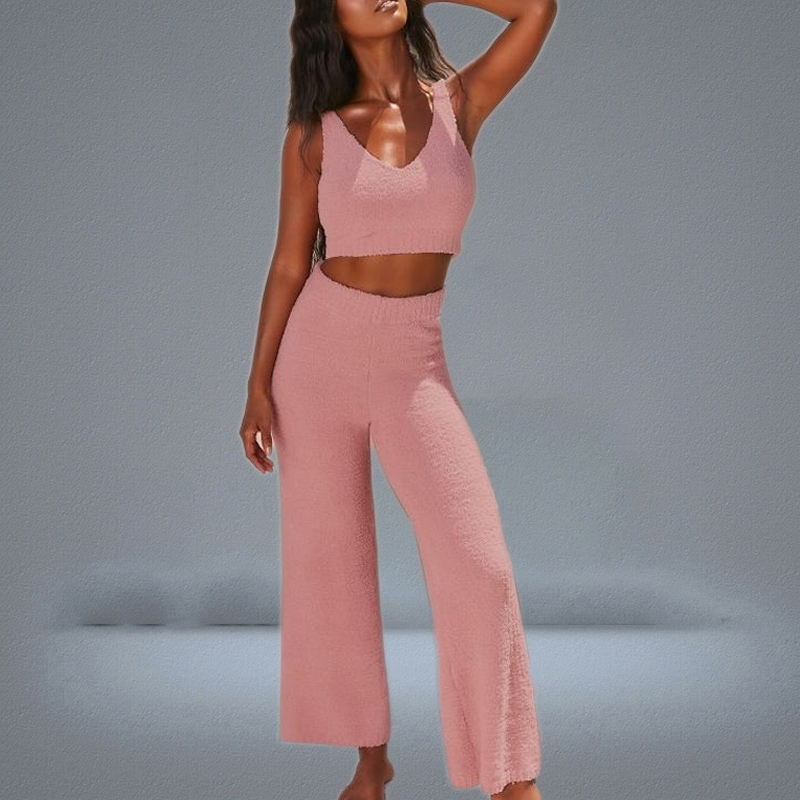 Women039s Tracksuits Women Sexy 2 Piece Fuzzy Plush Outfits VNeck Backless Crop Top Long Pants Winter Sweater Solid Color Paja
