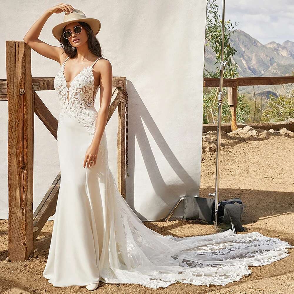 Mermaid Wedding Dresses For Woman Bridal Satin Spaghetti Straps Backless Appliques Robe De Mariee Custom Made