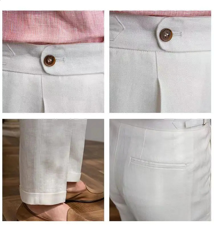 100% Linen Italian Naples Pants Men High Waist Straight Suit Trousers Spring Summer Fashion Lightweight Breathable Casual Pants 240819