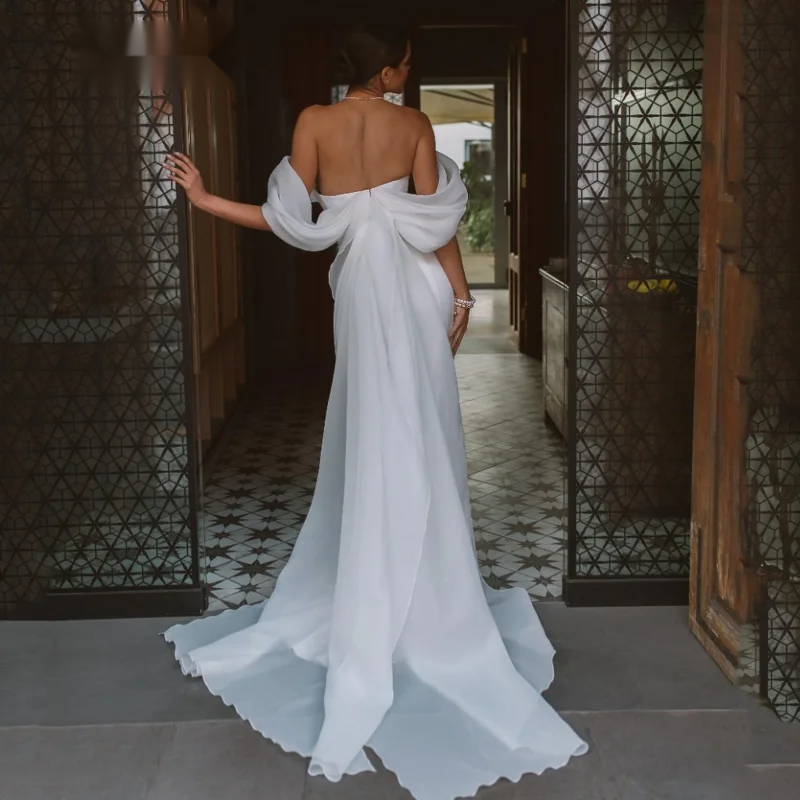 Elegant Sweetheart Mermaid Wedding Dress Women White Off The Shoulder Open Back Satin Bridal Gown Sweep Train Vestidos De Novia 0213