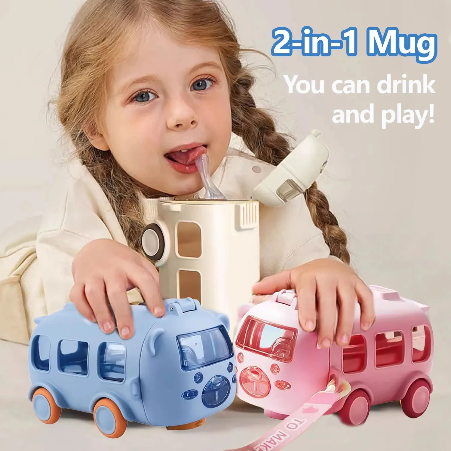 500ml Cute Bear Portable Water Bottle With Shoulder Strap Kid Car Straw Water Cup Bus Shape Childrens Water Bottle Drinking Cup 240725