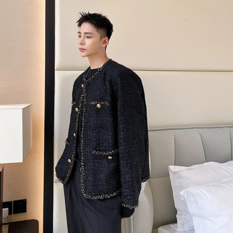 Winter Autumn Menswear Chic Weave Tweed Coat Cardigan Jacket Mens Loose Round Neck Single Breasted Thick Jacket 2D1134 240827