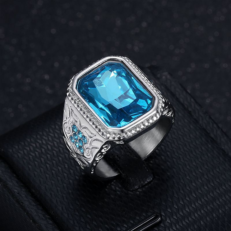 Hip Hop Casting Ring Ice Blue Rhinestone Titanium Steel Gold Plated Mens Jewelry