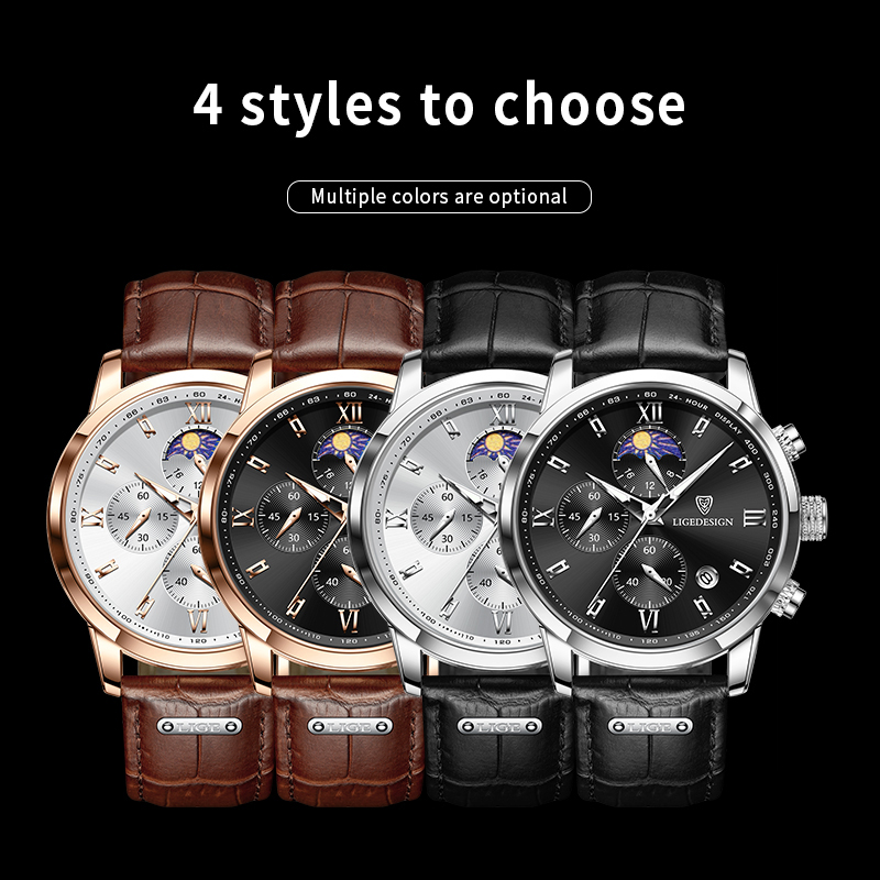 LIGE Men's Quartz Watch 24-hour Moon Phase Calendar Multi-Function Six-pin Watch Classic Business Watch Leather Watch Life Waterproof Watch