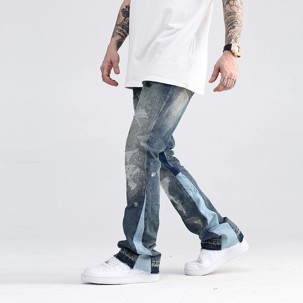 Blue Speckle ink Washed Destroyed Flared Jean Pants Hip Hop Graffiti Ripped Denim Jeans for Men Streetwear Vintage Wide Jeans 240724