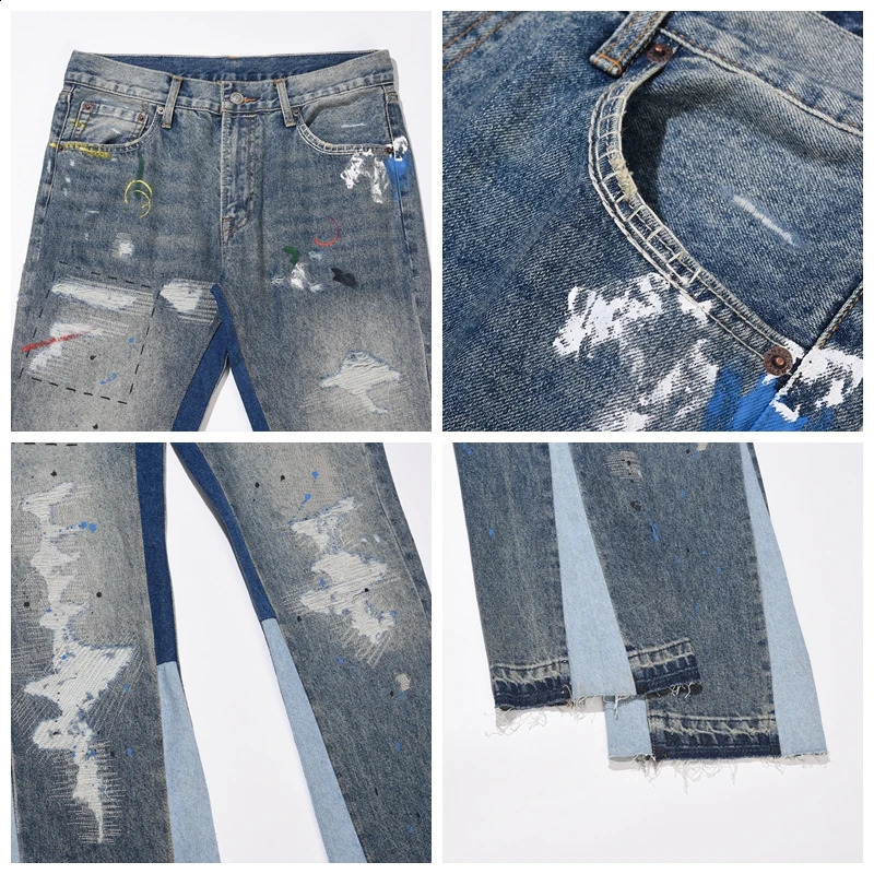 Blue Speckle ink Washed Destroyed Flared Jean Pants Hip Hop Graffiti Ripped Denim Jeans for Men Streetwear Vintage Wide Jeans 240724