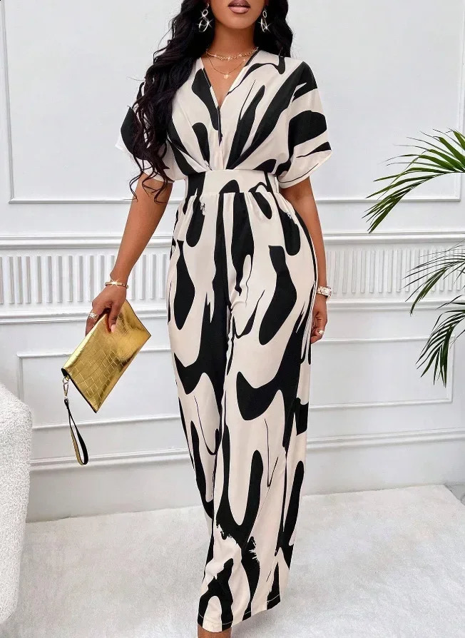 One Piece Women Print V Neck Half Sleeve Loose Wide Leg Long Pants Overalls Casual Splice Romper Tight High Waist Jumpsuits 240725