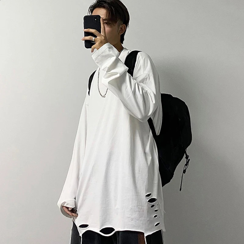 Hem Ripped Hole Long Sleeve Men Tshirt White Black Fashion Autumn Clothes Hip Hop 2xl 3xl Oversized Punk Vintage Streetwear Tops 240812