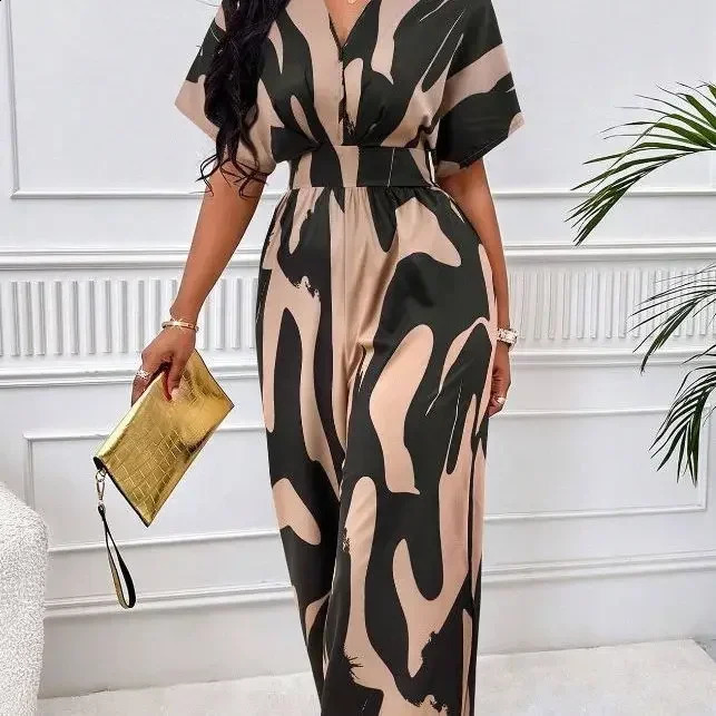 One Piece Women Print V Neck Half Sleeve Loose Wide Leg Long Pants Overalls Casual Splice Romper Tight High Waist Jumpsuits 240725