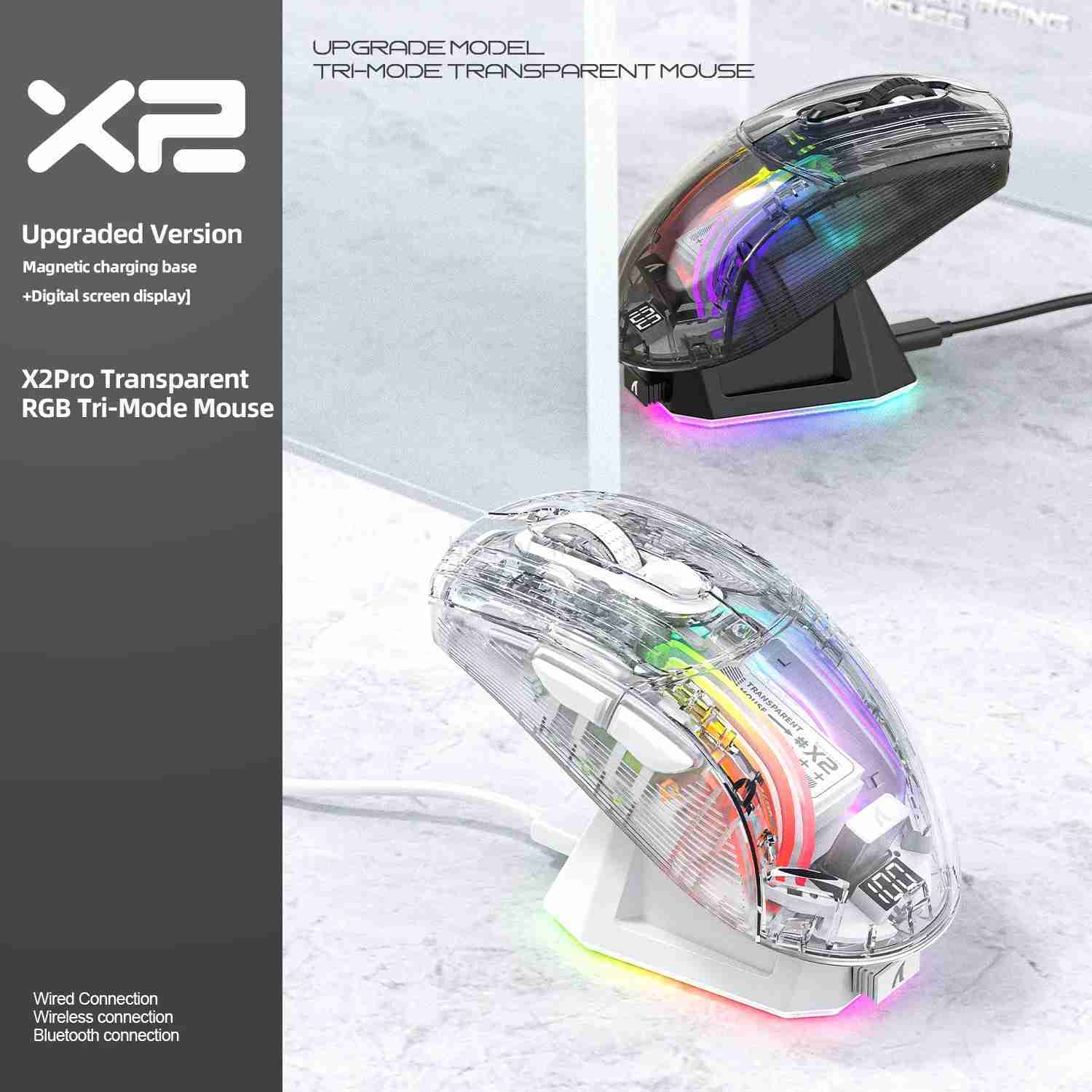 Attack Shark X2 Pro Magnetic Charging Bluetooth Mouse Tri-Mode RGB Lights Transparent Battery Indicator Computer PhoneM240725