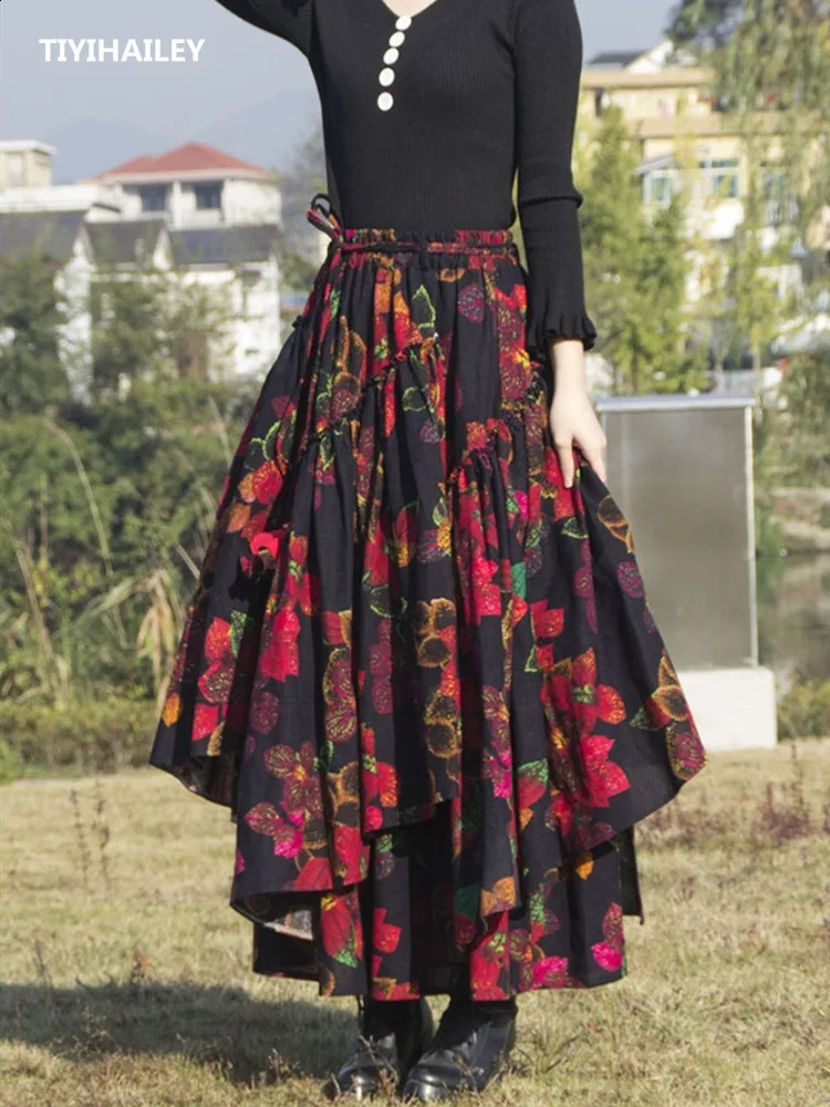 TIYIHAILEY-Womens Long Maxi Skirt Elastic Waist Cotton Linen Flower Print Irregular Autumn Fashion S-2XL 240724