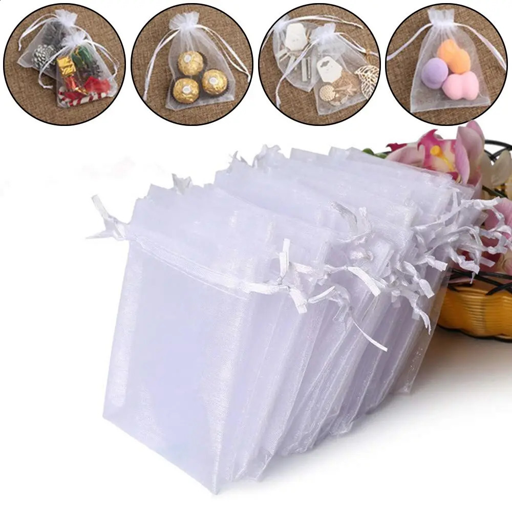 2550 Drawable Party Supply Wedding Christmas Favor White Pouches Organza Gauze Sachet Gift Bags Drawstring Pocket 240724Zl