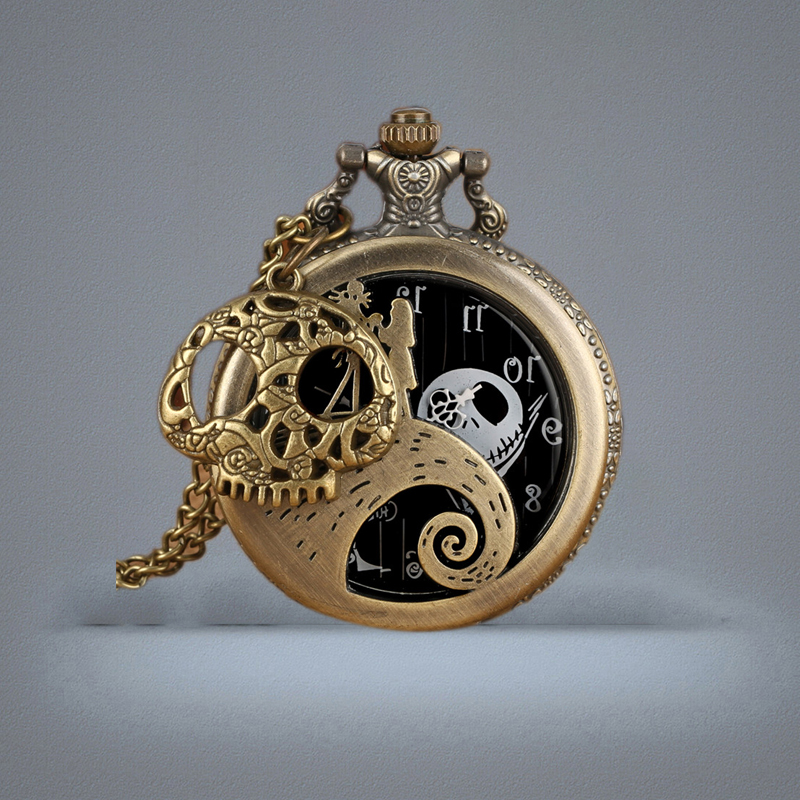 Vine Antique Watch Hollow Case the Nightmare Before Christmas Unisex Quartz Analog Pocket Watches Skull Accessory Necklace Chai