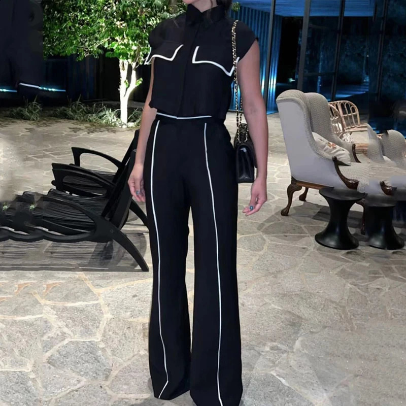 Wefads Women Two Piece Set Office Fashion Laple Contrast Button Sleeveless Vest Jacket Slim Top Loose With Pockets Pants Sets 240813