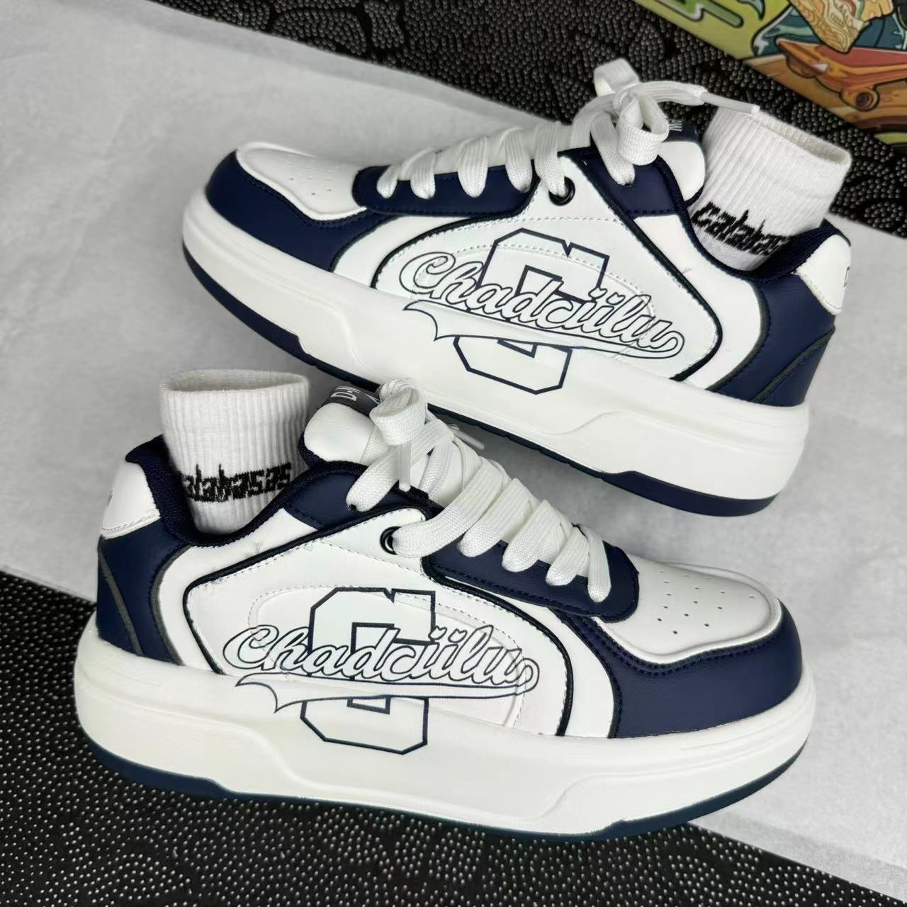 Men's and women's Hong Kong style color blocked trendy white shoes