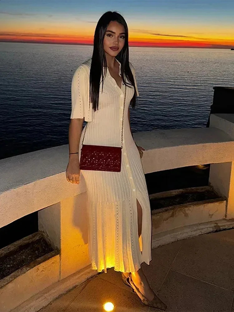 Elegant Knitted Ribbon Long Skirt Womens Slim fit Wave O-neck Short Sleeve Hip Set Womens 2024 Summer Womens Robe 240715