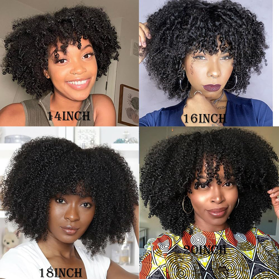 Afro Kinky With Bangs Full Hine Made Wig 150 Density Virgin Brazilian Short Curly Human Hair Wigs Natural Color
