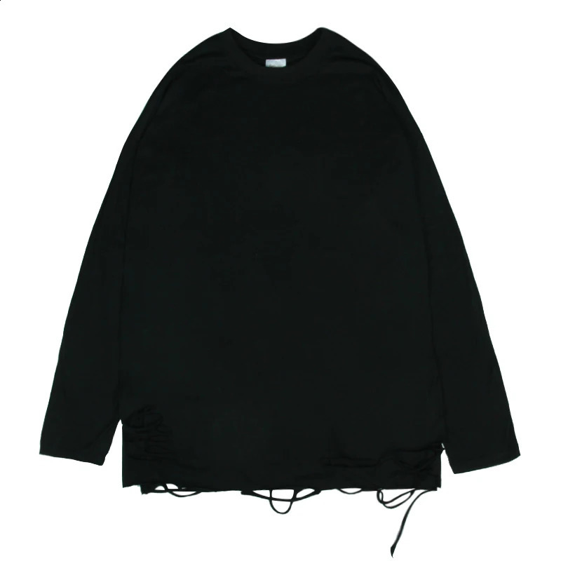 Hem Ripped Hole Long Sleeve Men Tshirt White Black Fashion Autumn Clothes Hip Hop 2xl 3xl Oversized Punk Vintage Streetwear Tops 240812